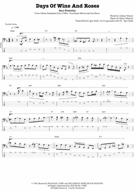 Jaco Pastorius Days Of Wine And Roses Complete And Accurate Bass Transcription Whit Tab Sheet Music