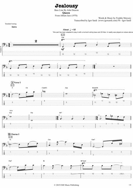 Free Sheet Music Jealousy Queen John Deacon Complete And Accurate Bass Transcription Whit Tab