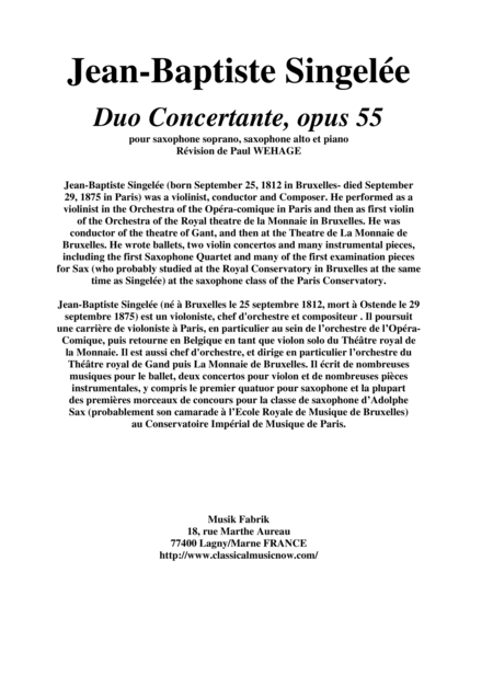 Jean Baptiste Singele Duo Concertante Opus 55 Pour Saxophone Soprano Saxophone Alto Et Piano Sheet Music