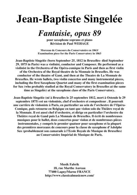 Jean Baptiste Singele Fantaisie Opus 89 Pour Saxophone Soprano Et Piano Sheet Music