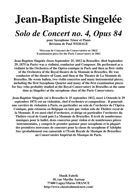 Jean Baptiste Singele Solo De Concert No 4 Opus 84 For Tenor Saxophone And Piano Sheet Music