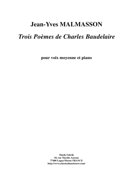 Free Sheet Music Jean Yves Malmasson Trois Pomes De Charles Baudelaire For Medium Voice And Piano