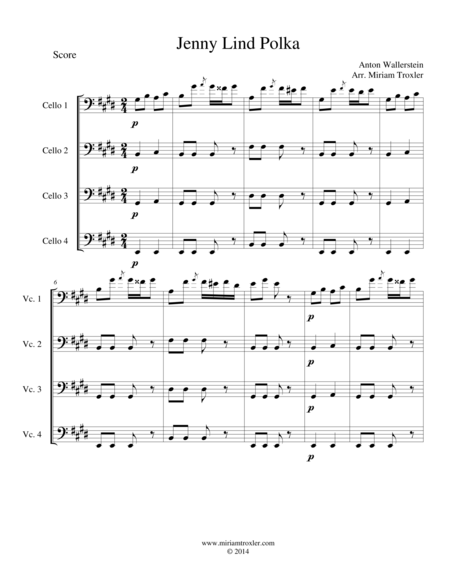 Free Sheet Music Jenny Lind Polka For Cello Quartet