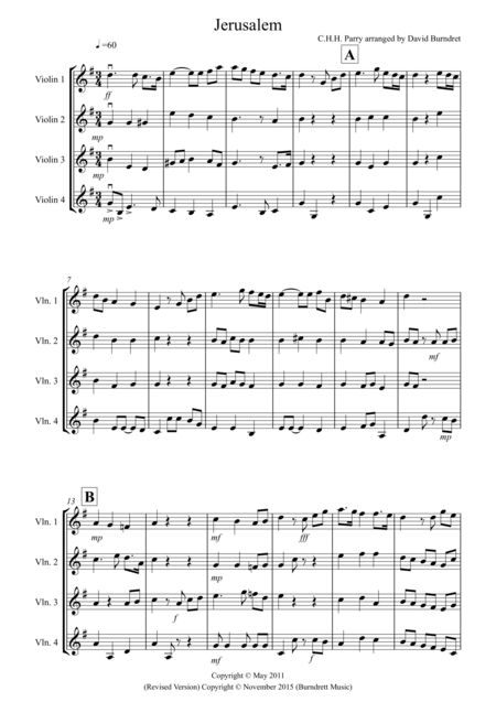 Free Sheet Music Jerusalem For Violin Quartet