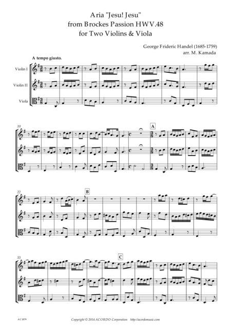 Jesu Jesu From Brockes Passion Hwv 48 For Two Violins Viola Sheet Music