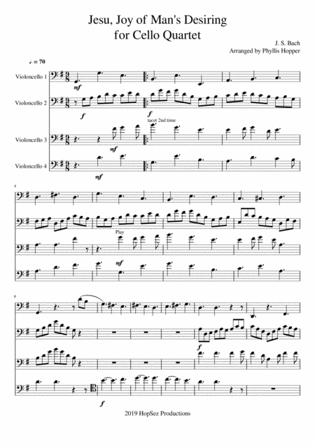 Jesu Joy Of Mans Desiring Cello Quartet Sheet Music