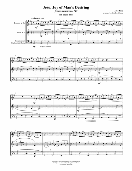 Free Sheet Music Jesu Joy Of Mans Desiring From Cantata 147 For Brass Trio