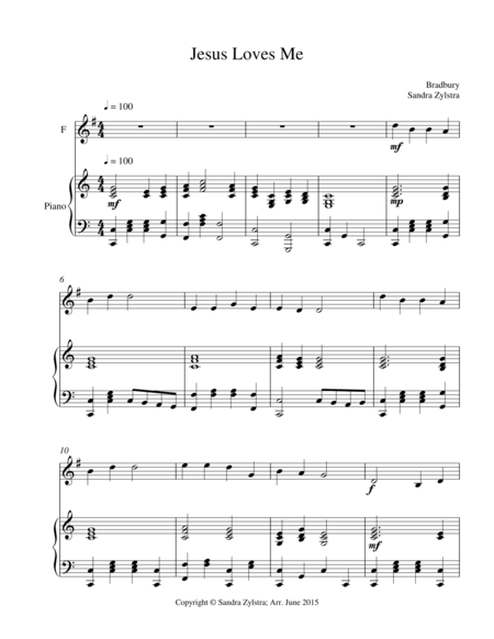 Jesus Loves Me Treble F Instrument Solo Sheet Music