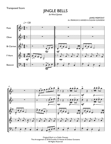 Free Sheet Music Jingle Bells For Wind Quintet