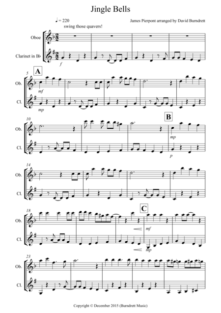 Jingle Bells Jazzy Style For Oboe And Clarinet Duet Sheet Music