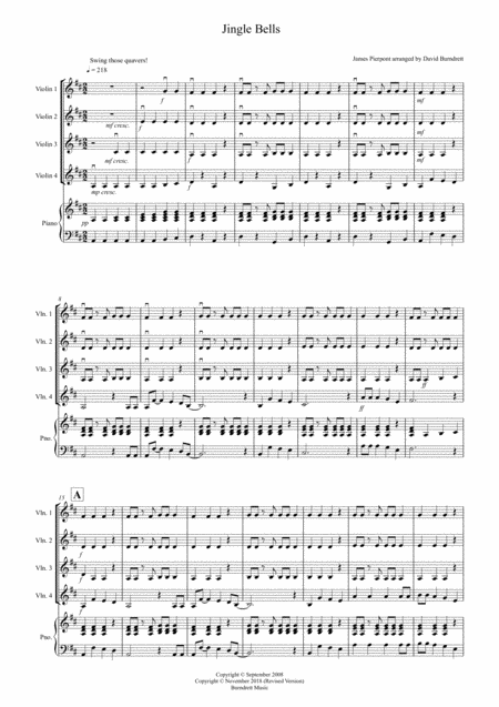 Jingle Bells Jazzy Style For Violin Quartet Sheet Music