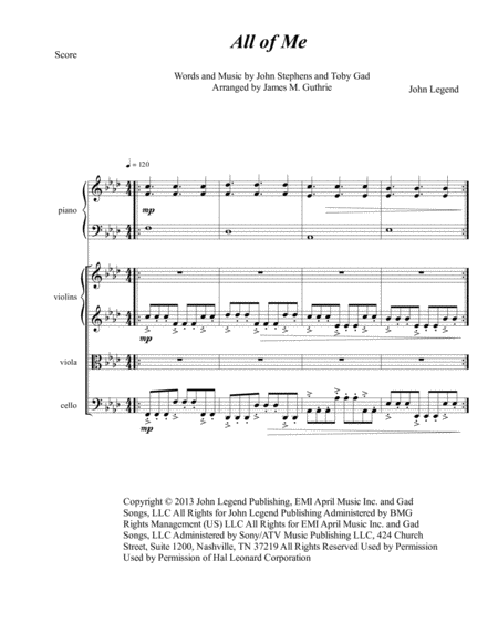 John Legend All Of Me For String Quartet Piano Sheet Music