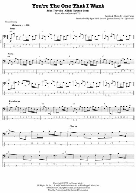 John Travolta Olivia Newton John From Grease You Re The One That I Want Complete And Accurate Bass Transcription Whit Tab Sheet Music