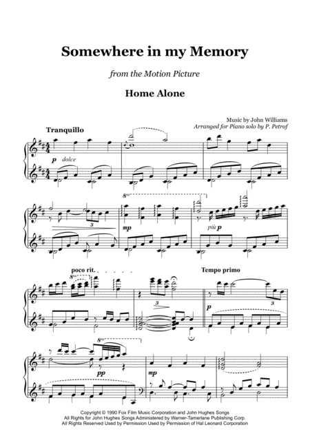 John Williams Somewhere In My Memory From The Motion Picture Home Alone For Piano Solo Sheet Music