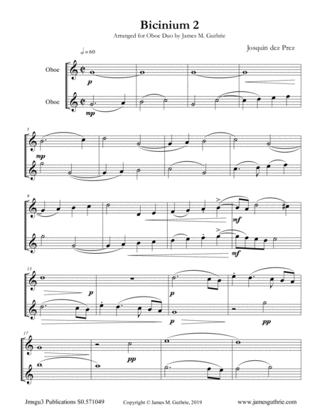 Free Sheet Music Josquin Bicinium 2 For Oboe Duo