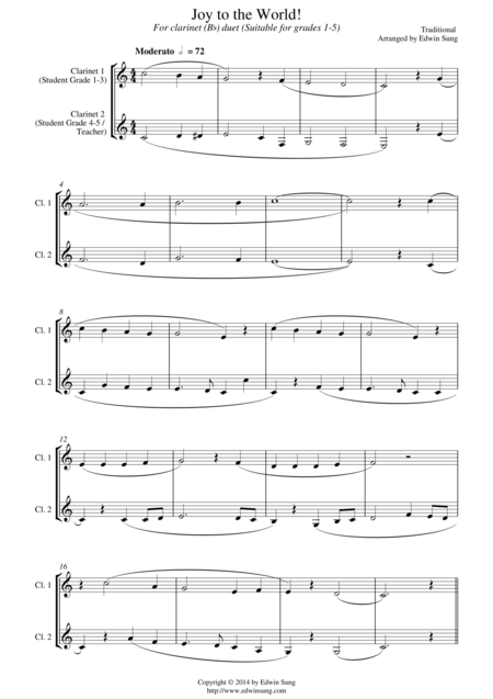 Joy To The World For Clarinet Bb Duet Suitable For Grades 1 5 Sheet Music