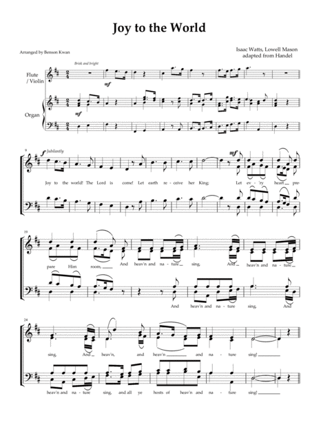 Free Sheet Music Joy To The World Satb Choir With Organ And Optional Flute Violin