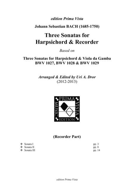 Js Bach 3 Sonatas For Recorder Harpsichord After Bwv 1027 1029 Recorder Part Sheet Music