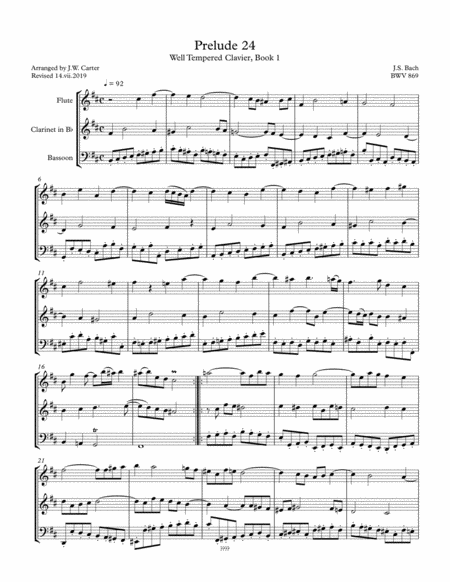 Js Bach Prelude 24 Wtc I Bwv 869 Arranged For Flute Clarinet And Bassoon Sheet Music