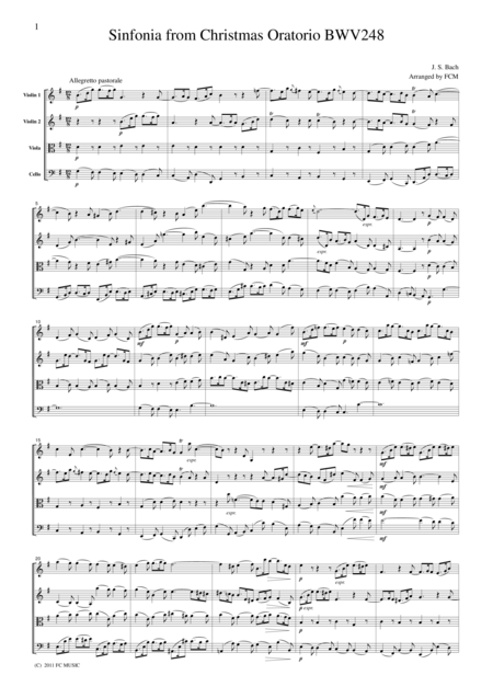 Js Bach Sinfonia From Christmas Oratorio Bwv248 For String Quartet Cb223 Sheet Music