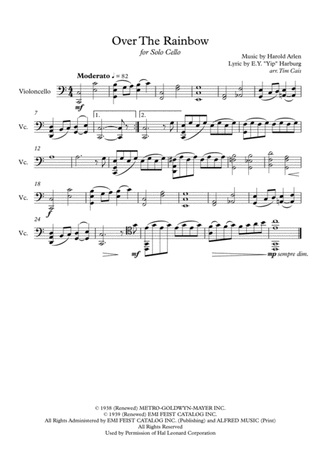 Judy Garland Over The Rainbow From The Wizard Of Oz Solo Cello Sheet Music