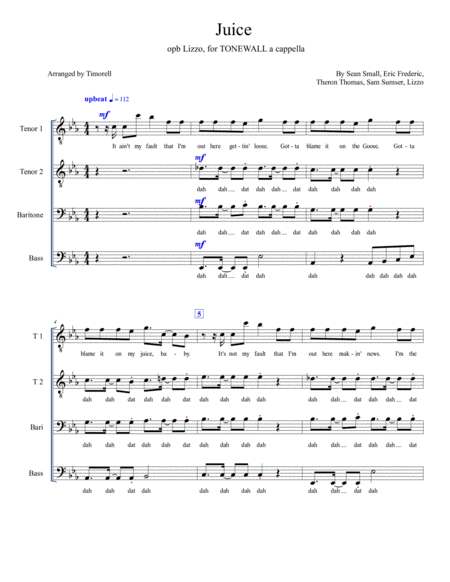 Juice Ttbb Solos As Performed By Tonewall Queer A Cappella Sheet Music
