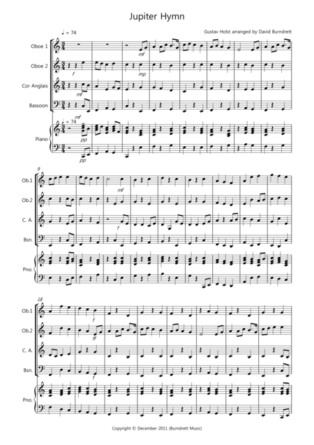 Jupiter Hymn For Double Reed Quartet Sheet Music