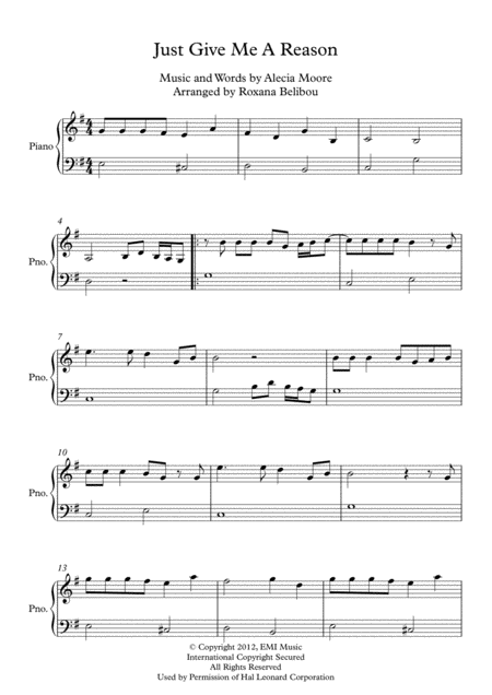 Just Give Me A Reason By Pink Easy Piano Sheet Music