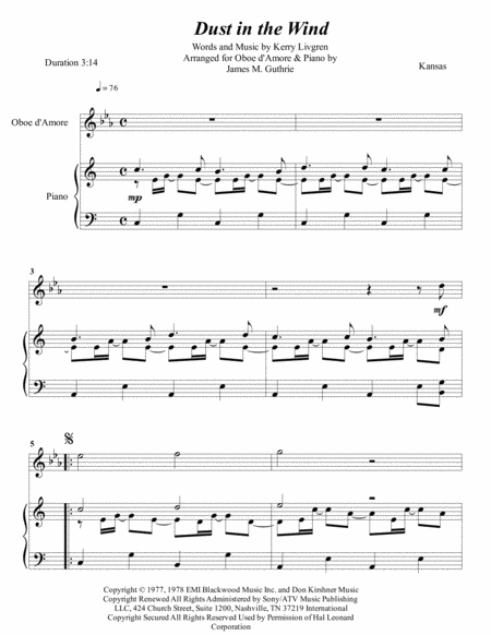 Kansas Dust In The Wind For Oboe D Amore Piano Sheet Music