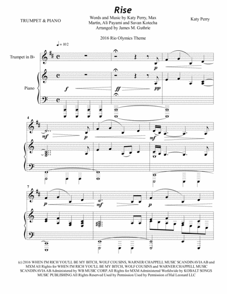 Katy Perry Rise For Trumpet Piano Sheet Music