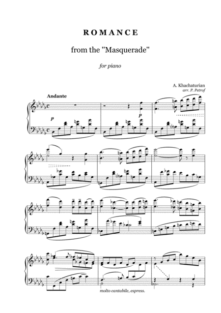 Khachaturian Romance From The Masquerade Piano Solo Sheet Music