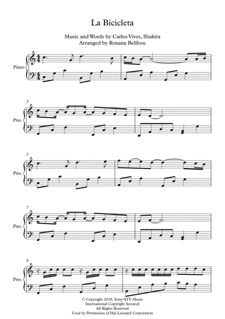 Free Sheet Music La Bicicleta By Carlos Vives Feat Shakira Piano