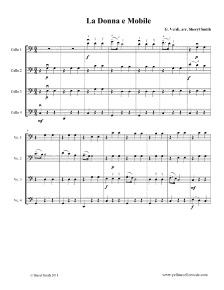 La Donna E Mobile From Rigoletto Arranged For Four Beginner Cellos Cello Quartet Sheet Music