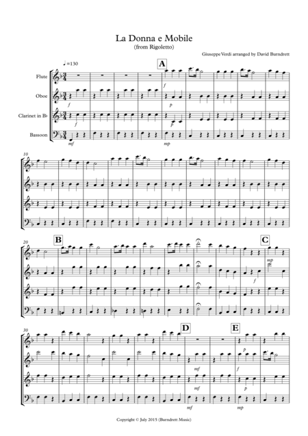 La Donna E Mobile From Rigoletto For Wind Quartet Sheet Music