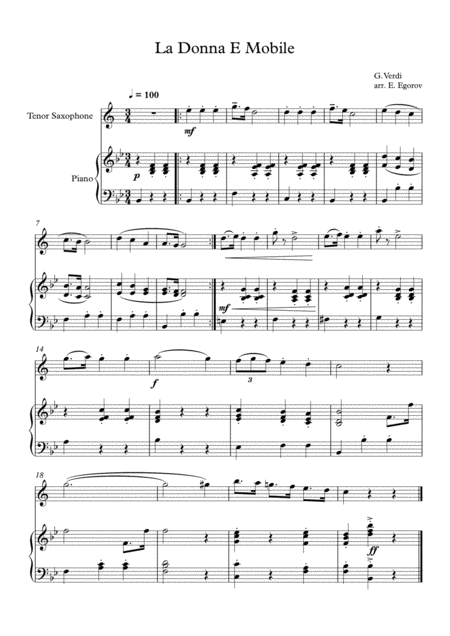 La Donna E Mobile Giuseppe Verdi For Tenor Saxophone Piano Sheet Music