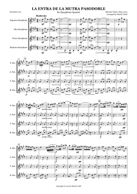 La Entra De La Mutra Pasodoble For Saxophone Quartet Sheet Music