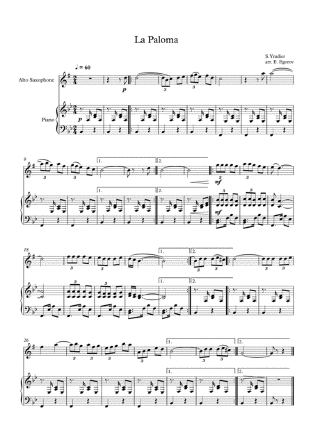 La Paloma Sebastian Yradier For Alto Saxophone Piano Sheet Music