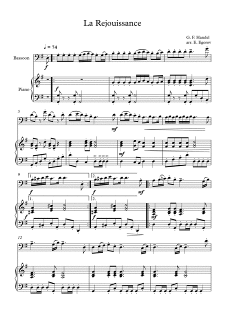 La Rejouissance George Frideric Handel For Bassoon Piano Sheet Music