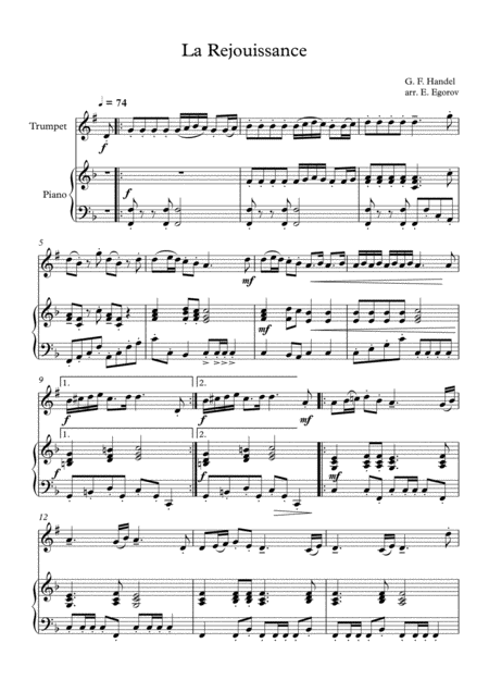 Free Sheet Music La Rejouissance George Frideric Handel For Trumpet Piano