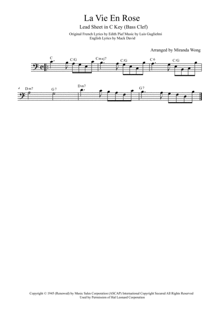 Free Sheet Music La Vie En Rose Cello Or Double Bass Solo With Chords