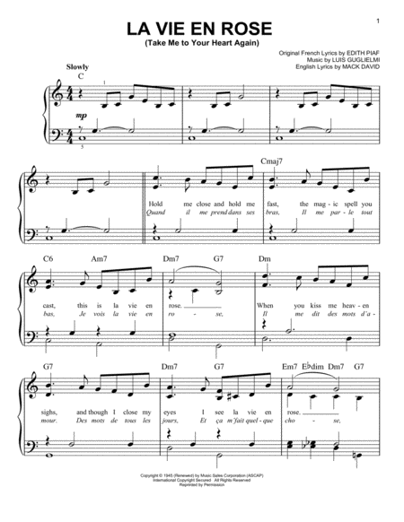 La Vie En Rose Take Me To Your Heart Again Sheet Music