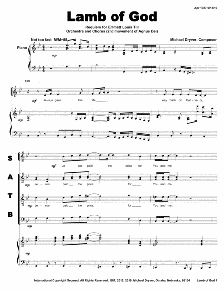 Lamb Of God From Requiem Of Emmett Till Movement No 11 Of 16 Sheet Music