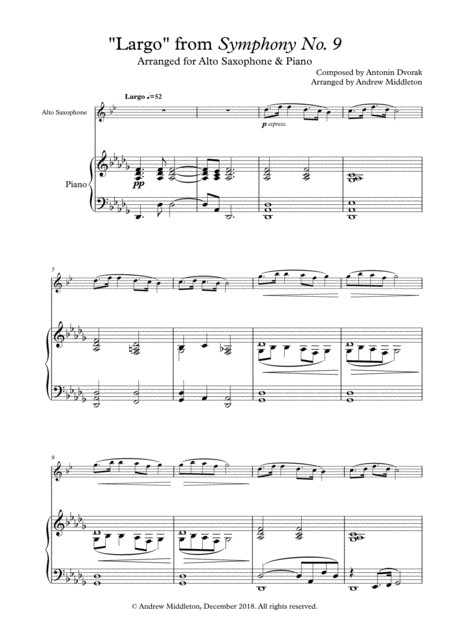 Largo From Symphony No 9 Arranged For Alto Saxophone Piano Sheet Music