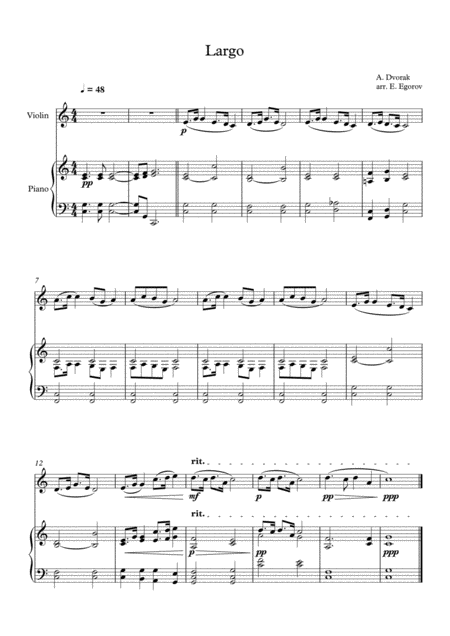 Free Sheet Music Largo The New World Antonin Dvorak For Violin Piano