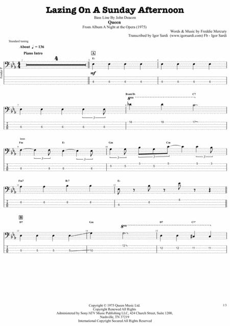 Free Sheet Music Lazing On A Sunday Afternoon Queen John Deacon Complete And Accurate Bass Transcription Whit Tab
