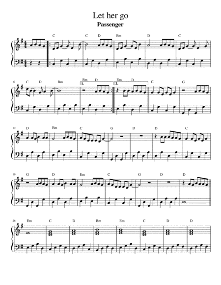 Let Her Go Passenger Piano Solo Sheet Music