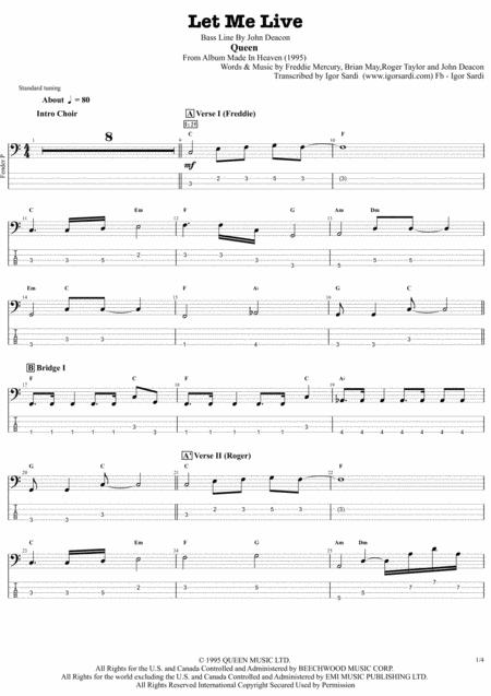 Let Me Live Queen John Deacon Complete And Accurate Bass Transcription Whit Tab Sheet Music