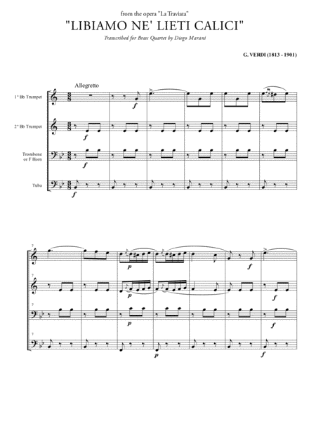Free Sheet Music Libiamo Ne Lieti Calici Brindisi For Brass Quartet