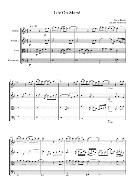 Life On Mars String Quartet Sheet Music