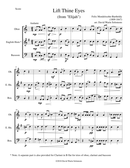 Lift Thine Eyes From Elijah For Reed Trio Oboe Cor Anglais Or Clarinet Bassoon Sheet Music